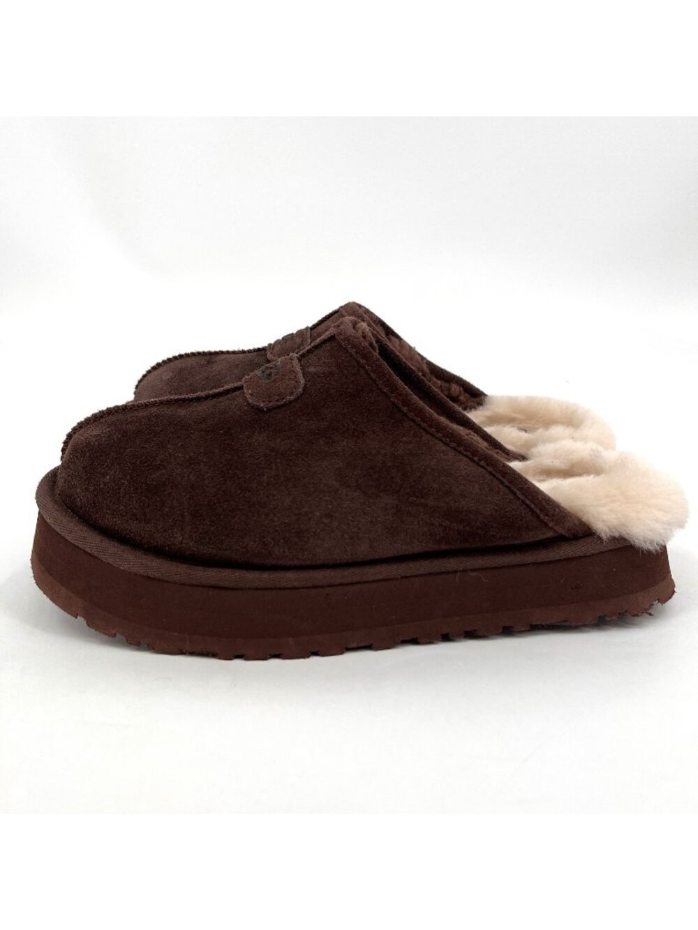 UGG Women's 7 Dark Brown Suede Discoquette Platform Slippers Shearling Damage